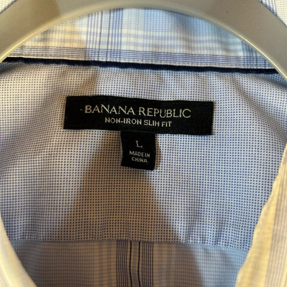 Banana Republic Non-Iron Slim‎ Fit Large Blue Plaid Long Sleeve  Button Up Shirt